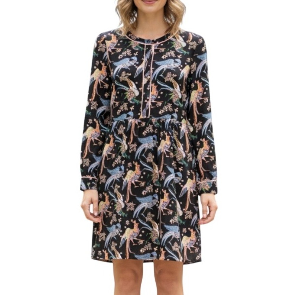 LOFT Ann Taylor BLACK Bird of Paradise LINED CHIFFON 1/2 Button SHEATH DRESS 00P